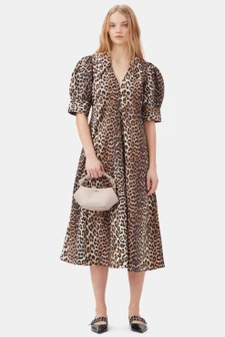 GANNI Plus Size Klær | Ganni Exclusives<Beige Cotton Poplin V-neck Maxi Dress Leopard