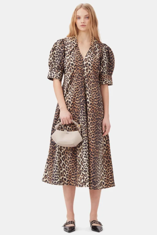 GANNI Plus Size Klær | Ganni Exclusives<Beige Cotton Poplin V-neck Maxi Dress Leopard