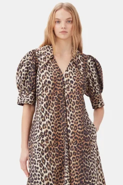 GANNI Plus Size Klær | Ganni Exclusives<Beige Cotton Poplin V-neck Maxi Dress Leopard