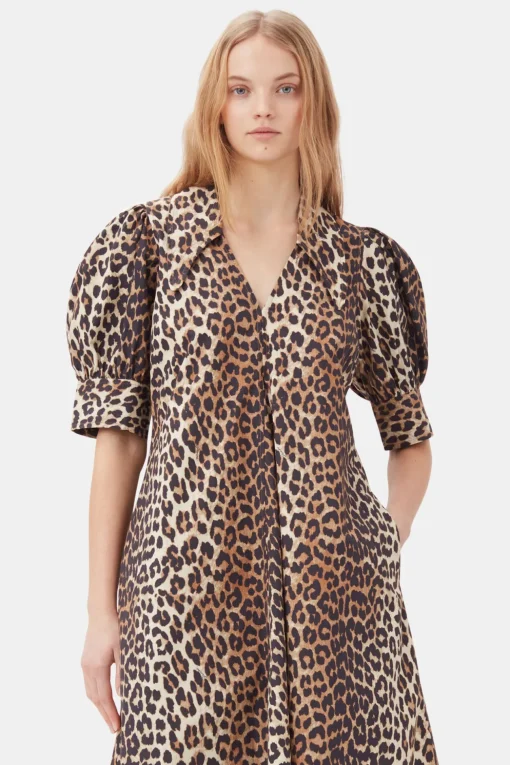 GANNI Plus Size Klær | Ganni Exclusives<Beige Cotton Poplin V-neck Maxi Dress Leopard