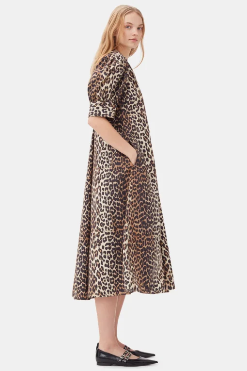GANNI Plus Size Klær | Ganni Exclusives<Beige Cotton Poplin V-neck Maxi Dress Leopard