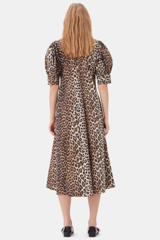 GANNI Plus Size Klær | Ganni Exclusives<Beige Cotton Poplin V-neck Maxi Dress Leopard