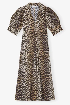 GANNI Plus Size Klær | Ganni Exclusives<Beige Cotton Poplin V-neck Maxi Dress Leopard