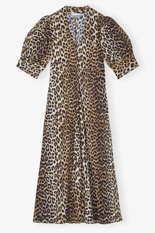 GANNI Plus Size Klær | Ganni Exclusives<Beige Cotton Poplin V-neck Maxi Dress Leopard