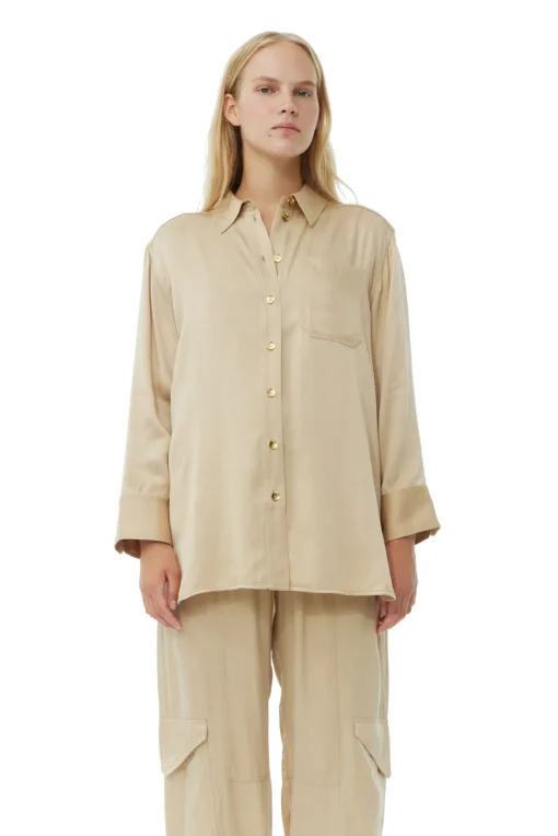 GANNI Plus Size Klær | Sett<Beige Washed Satin-skjorte Safari