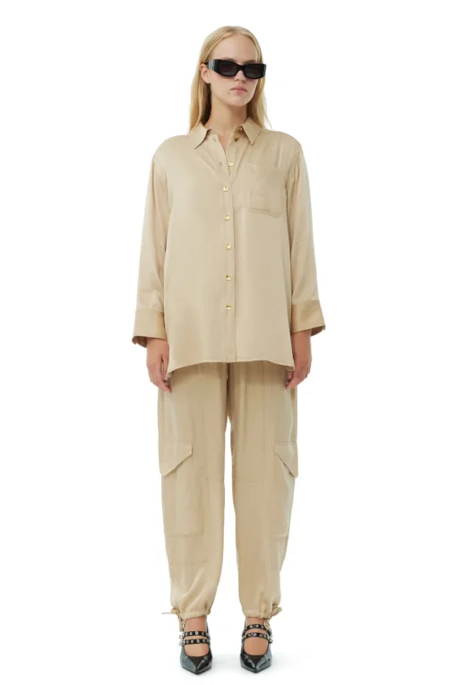 GANNI Plus Size Klær | Sett<Beige Washed Satin-skjorte Safari