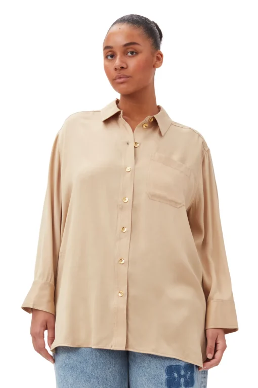 GANNI Plus Size Klær | Sett<Beige Washed Satin-skjorte Safari