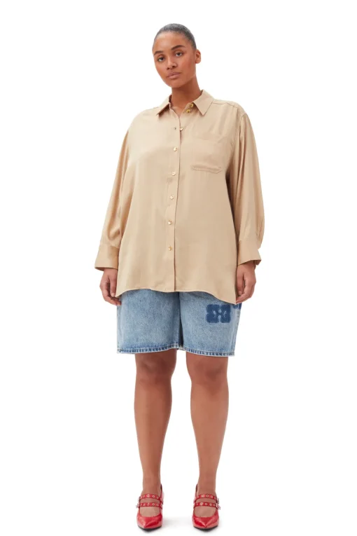 GANNI Plus Size Klær | Sett<Beige Washed Satin-skjorte Safari