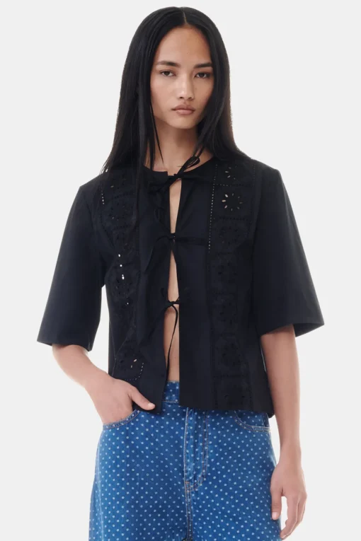 GANNI Ganni Exclusives | Topper<Broderie Anglaise Tie-bluse Black