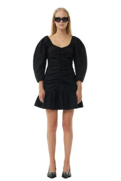 GANNI Kjoler<Cotton Poplin Gathered U-neck Mini-kjole Black