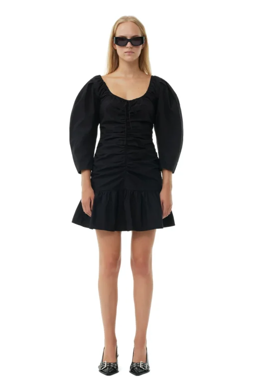 GANNI Kjoler<Cotton Poplin Gathered U-neck Mini-kjole Black