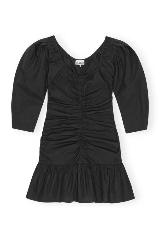GANNI Kjoler<Cotton Poplin Gathered U-neck Mini-kjole Black