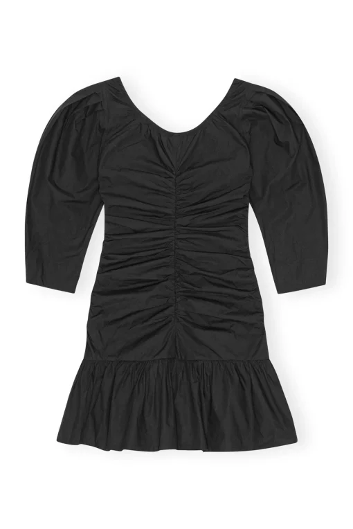 GANNI Kjoler<Cotton Poplin Gathered U-neck Mini-kjole Black
