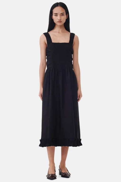 GANNI Plus Size Klær | Kjoler<Cotton Poplin Midi Strap Smock-kjole Black
