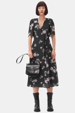 GANNI Kjoler<Black Floral Crepe Wrap Midi-kjole ClimbingIvy