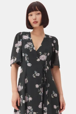 GANNI Kjoler<Black Floral Crepe Wrap Midi-kjole ClimbingIvy