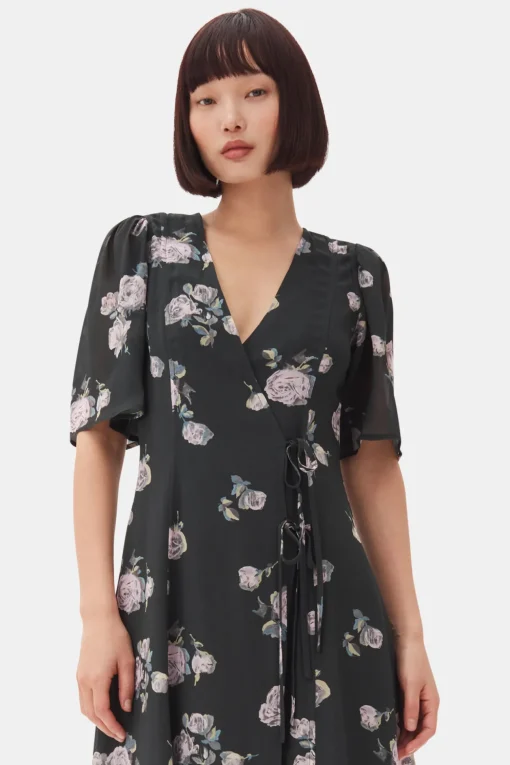 GANNI Kjoler<Black Floral Crepe Wrap Midi-kjole ClimbingIvy