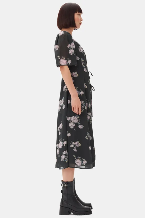GANNI Kjoler<Black Floral Crepe Wrap Midi-kjole ClimbingIvy