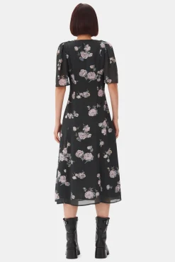 GANNI Kjoler<Black Floral Crepe Wrap Midi-kjole ClimbingIvy