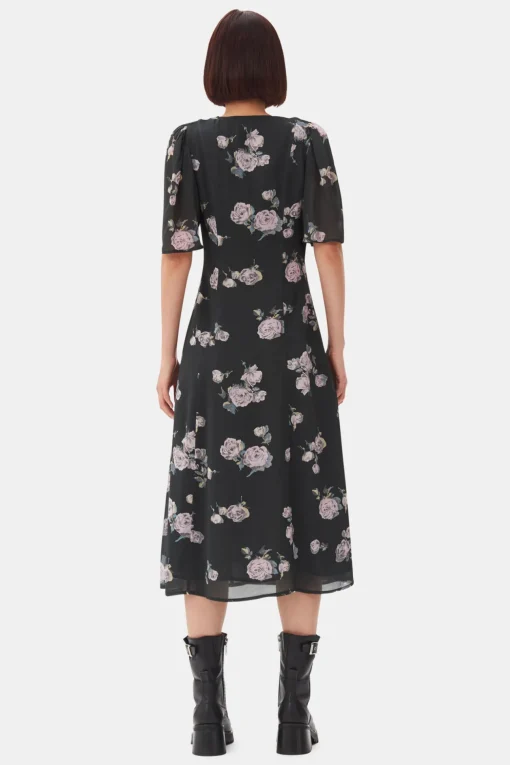 GANNI Kjoler<Black Floral Crepe Wrap Midi-kjole ClimbingIvy