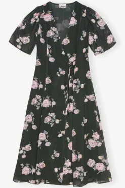 GANNI Kjoler<Black Floral Crepe Wrap Midi-kjole ClimbingIvy