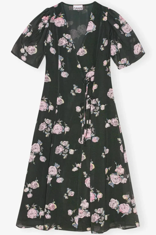GANNI Kjoler<Black Floral Crepe Wrap Midi-kjole ClimbingIvy