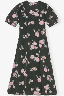 GANNI Kjoler<Black Floral Crepe Wrap Midi-kjole ClimbingIvy