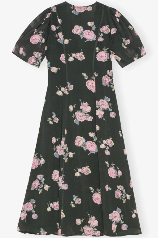 GANNI Kjoler<Black Floral Crepe Wrap Midi-kjole ClimbingIvy