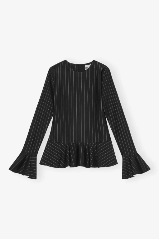 GANNI Dresstoff | Sett<Pinstripe Peplum-bluse Black