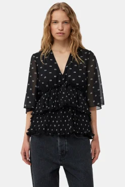 GANNI Topper<Pleated Georgette V-neck Flounce-bluse Black