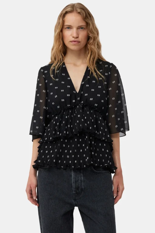 GANNI Topper<Pleated Georgette V-neck Flounce-bluse Black