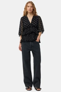 GANNI Topper<Pleated Georgette V-neck Flounce-bluse Black