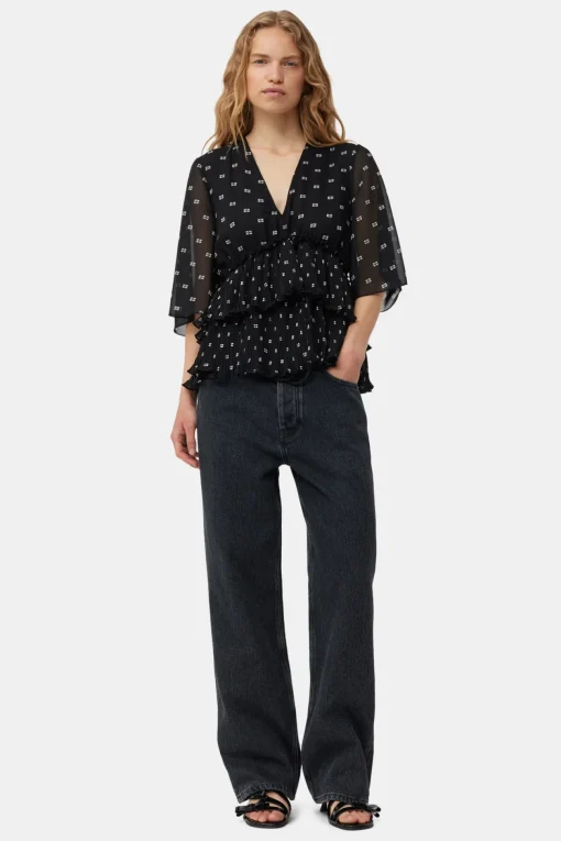 GANNI Topper<Pleated Georgette V-neck Flounce-bluse Black