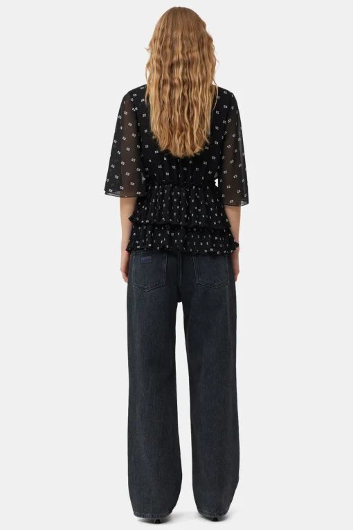 GANNI Topper<Pleated Georgette V-neck Flounce-bluse Black
