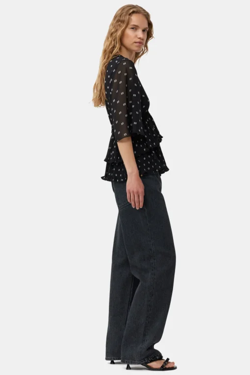 GANNI Topper<Pleated Georgette V-neck Flounce-bluse Black