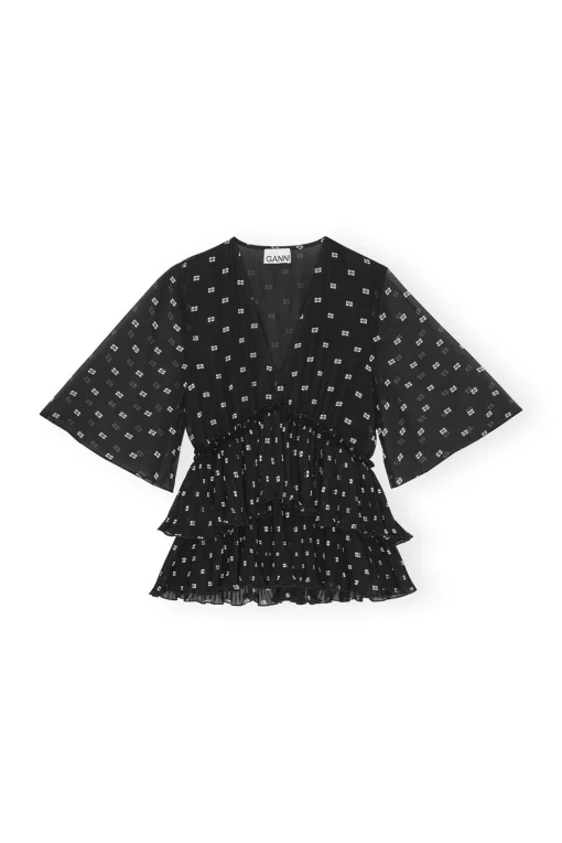 GANNI Topper<Pleated Georgette V-neck Flounce-bluse Black