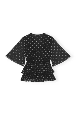 GANNI Topper<Pleated Georgette V-neck Flounce-bluse Black