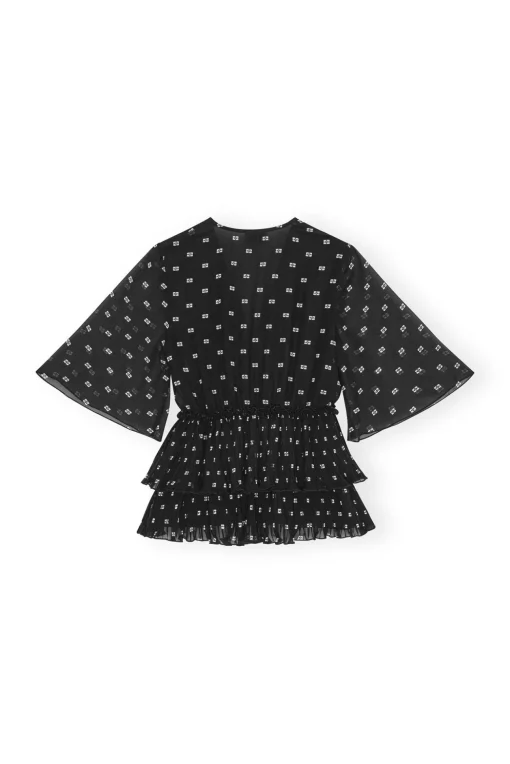 GANNI Topper<Pleated Georgette V-neck Flounce-bluse Black