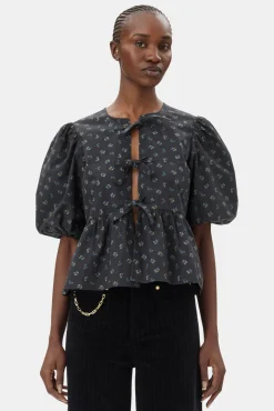 GANNI Sett | Topper<Black Printed Cotton Peplum-bluse Phantom