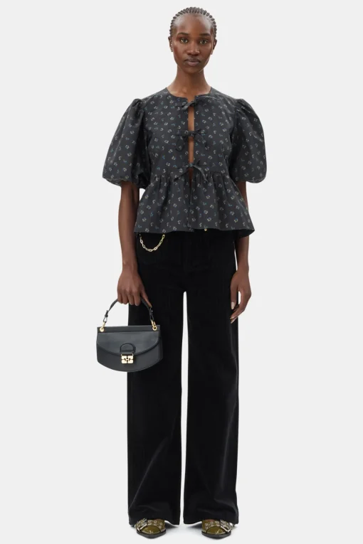 GANNI Sett | Topper<Black Printed Cotton Peplum-bluse Phantom