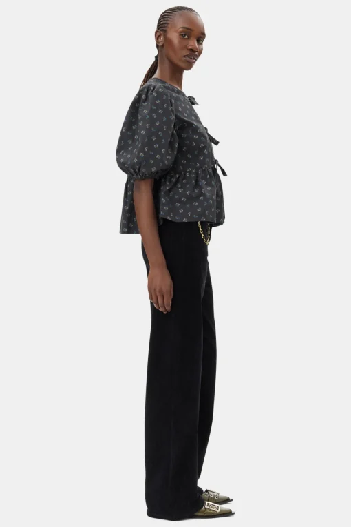 GANNI Sett | Topper<Black Printed Cotton Peplum-bluse Phantom