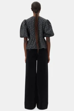 GANNI Sett | Topper<Black Printed Cotton Peplum-bluse Phantom