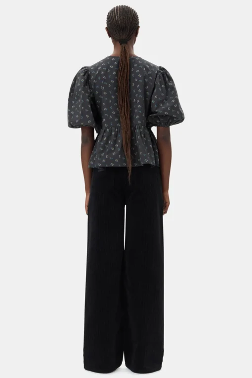GANNI Sett | Topper<Black Printed Cotton Peplum-bluse Phantom