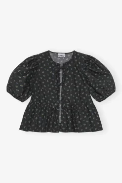 GANNI Sett | Topper<Black Printed Cotton Peplum-bluse Phantom