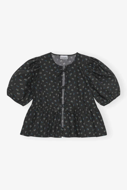 GANNI Sett | Topper<Black Printed Cotton Peplum-bluse Phantom