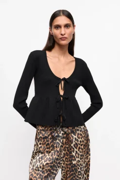 GANNI Ganni Exclusives | Strikkeplagg<Rib Knit Tie String-cardigan Black