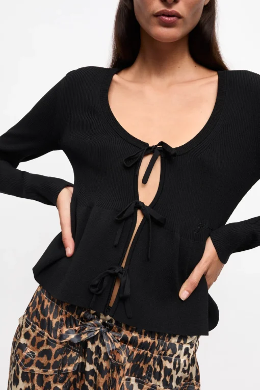 GANNI Ganni Exclusives | Strikkeplagg<Rib Knit Tie String-cardigan Black