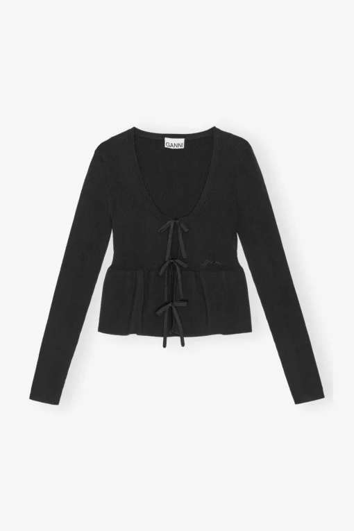 GANNI Ganni Exclusives | Strikkeplagg<Rib Knit Tie String-cardigan Black