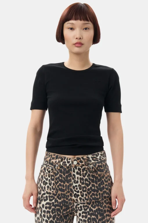 GANNI Plus Size Klær | Ganni Exclusives<Soft Cotton Rib Short Sleeve-T-skjorte Black