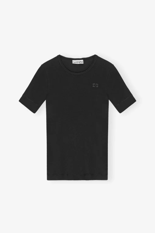 GANNI Plus Size Klær | Ganni Exclusives<Soft Cotton Rib Short Sleeve-T-skjorte Black